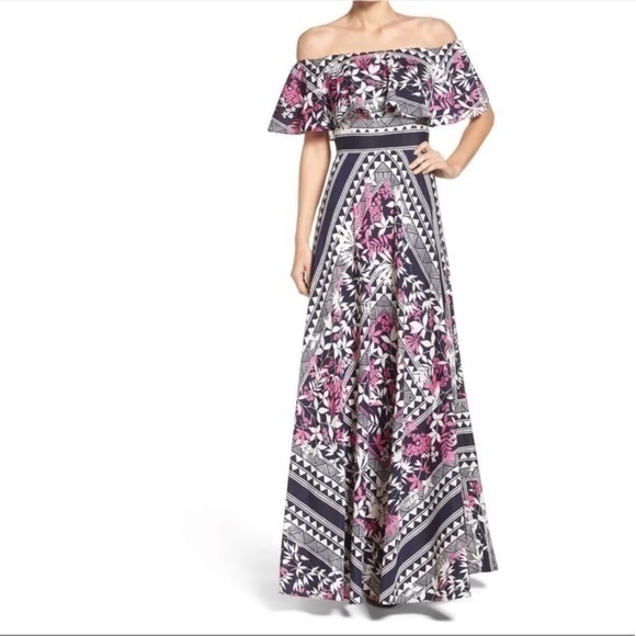 Eliza J Off-The-Shoulder Scarf Printed Maxi Dress Size 2 NWT